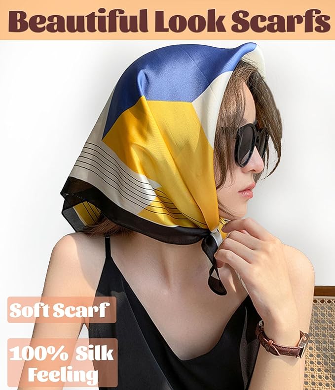kcctoo 27.5" Mulberry Silk Feeling Head Scarf Women's Fashion Square Neck Satin Scarfs for Bag Hair Scarves Gift