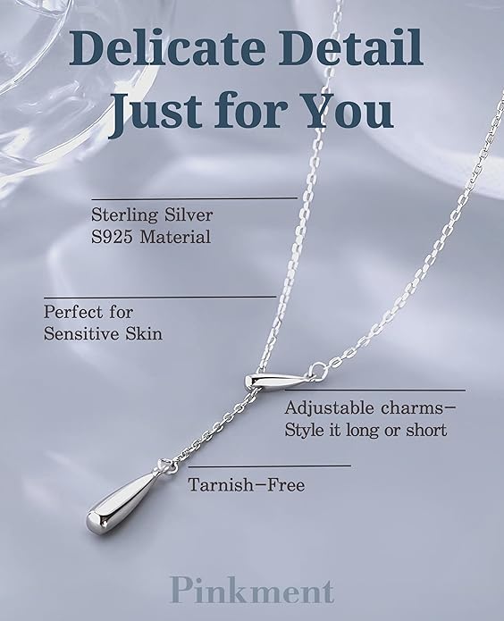 Dew-drop Lariat Y-Shaped Silver Necklace for Women, 925 Sterling Silver, Non Tarnish, Trendy, Simple Drop Dangle Charm Chain Jewelry Gift for Women