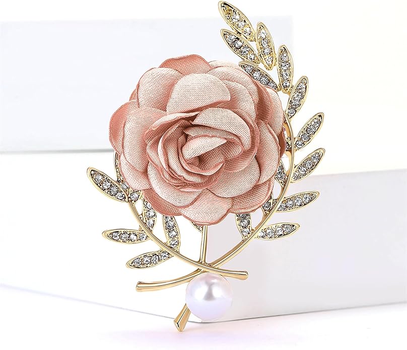 Rose Brooch for Women,Dainty Satin Fabric Flower Lapel Pins Vintage Elegant Pearl Brooches Handmade Crystal Pearl Pins Silk Camellia Safety Collar Pin Dress Suit Accessories Wedding Bridal Bouquet Jewelry