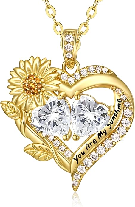 Sunflower Heart Necklace for Women 14K Gold Exquisite Anniversary Birthday Gifts for Wife Mother Her Double Birthstone Pendant jewelry‘You Are My Sunshine’