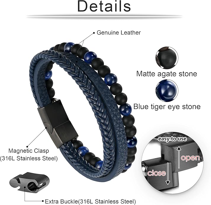 Gifts for Men - Layered Leather Beads Bracelet, Tiger Eye Lava Rock Stone Braided Leather Bracelets for Men Adjustable Magnetic Clasp Birthday Gifts