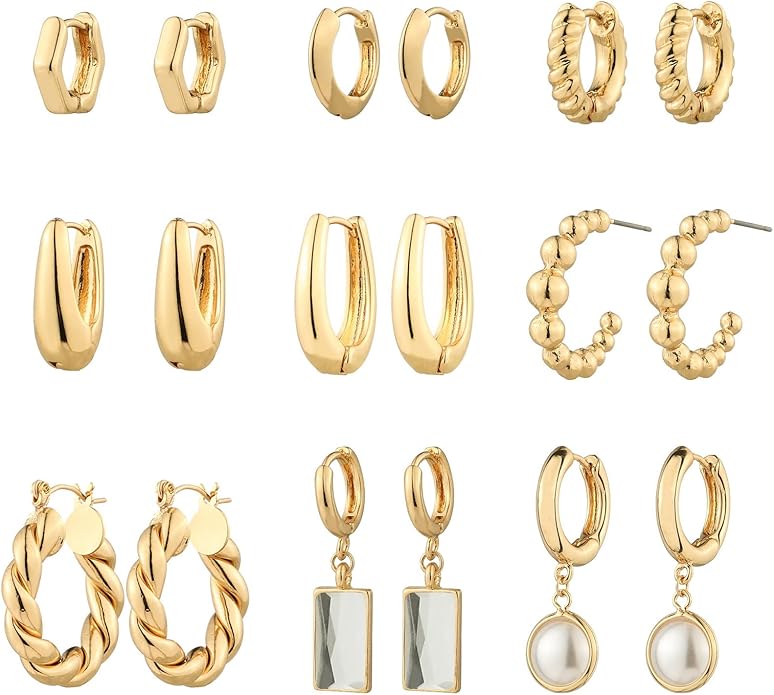 9 Pairs Gold Chunky Hoop Earrings Set for Women, 14K Gold Plated Twisted Huggie Hoop Earring Hypoallergenic, Lightweight Thick Open Hoops Earrings Jewelry Gifts.