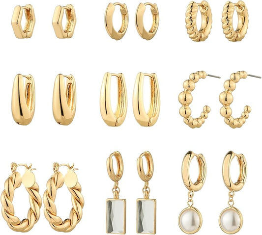 9 Pairs Gold Chunky Hoop Earrings Set for Women, 14K Gold Plated Twisted Huggie Hoop Earring Hypoallergenic, Lightweight Thick Open Hoops Earrings Jewelry Gifts.