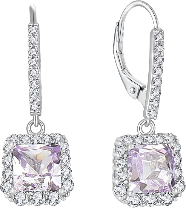 Square Dangle Drop Earrings Sterling Silver Halo Leverback Earrings Birthstone Jewelry for Women