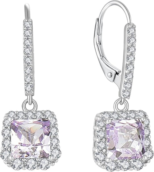 Square Dangle Drop Earrings Sterling Silver Halo Leverback Earrings Birthstone Jewelry for Women