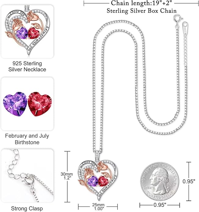 Iefil Birthstone Necklace for Women - 925 Sterling Silver Rose Heart Birthstone Necklace Birthday Anniversary Jewelry Gifts for Her Wife Mom Daughter