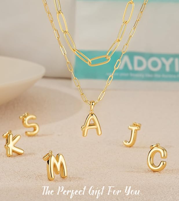 adoyi Gold Necklace for Women Layered Bubble Heart Letter Initial Necklaces for Women Trendy Jewelry 14K Gold Plated Chain Chunky Name Necklace Stack Charm A-Z Pendant Set Jewelry Gifts
