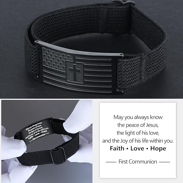 LDOWWGL Valentines Day Gifts - Mens Bracelet - American Flag Christian Cross Bracelet for Boys - Adjustable Black Elastic Stretch Strap with Bible Verse - Gift for Son Grandson