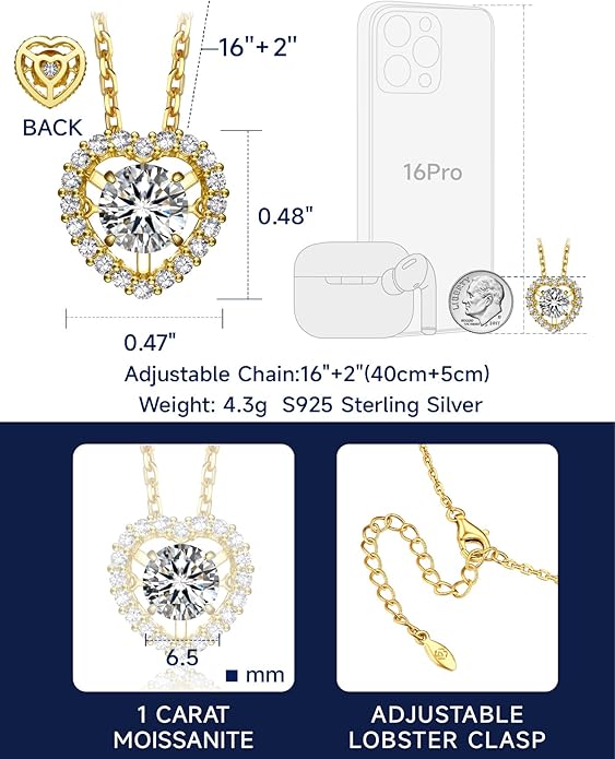 MomentWish Dancing Heart Necklace for Women, 0.5/1 Carat Dancing Moissanite Necklace for Her 925 Sterling Silver Pendant Anniversary Birthday Christmas Gift for Wife Mom Girlfriend