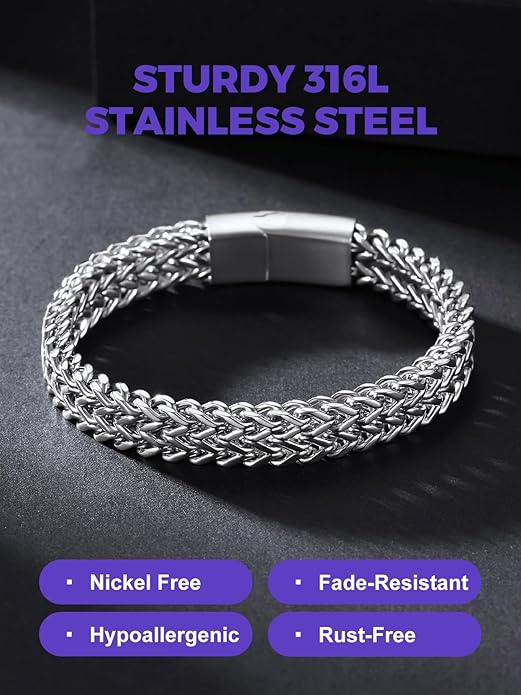 Richsteel Bracelets for Men 6mm/10mm/12mm Width Stainless Steel With Sturdy Clasp Franco Curb Chain Mens Bracelet 7.4/8.2/9 Inches Length
