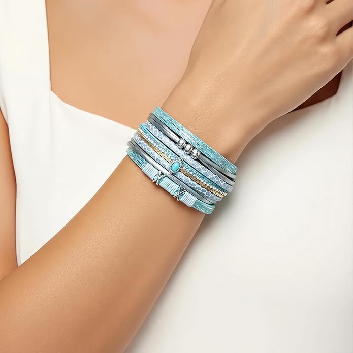 Edoneery Leather Wrap Bracelet for Women, Boho Handmade Multi-Layer Cuff with Crystal Beads Heart, Stackable Bangle Western Jewelry Gift