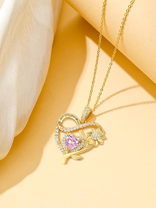 14K Gold Sunflower Heart Necklace for Women, You Are My Sunshine Jewelry with Birthstone Pendant, Anniversary Birthday Gifts for Her Wife Mom Grandma Daughter