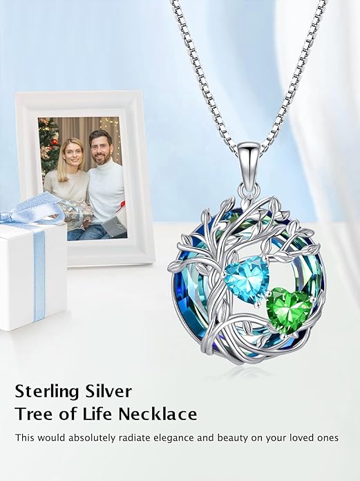 TOUPOP s925 Sterling Silver Family Celtic Tree of Life Pendant Necklaces with 2 Heart Birthstone with Blue Austrian Crystal Jewelry Birthday Anniversary Christmas Gifts for Her Wife Girlfriend Mom (18K Real White Gold Filled)