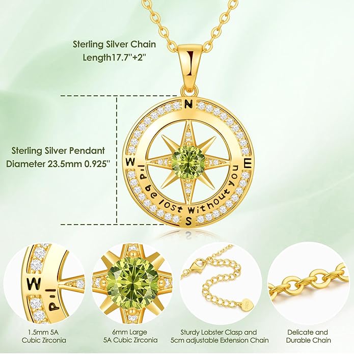 Zifeel Compass Necklace Gifts for Women wife - S925 Sterling Silver Birthstone Necklaces for Women - Anniversary Birthday Gifts for Her Wife Girlfriend - Valentines Mom Mothers Day Christmas Gifts Jewelry for Women