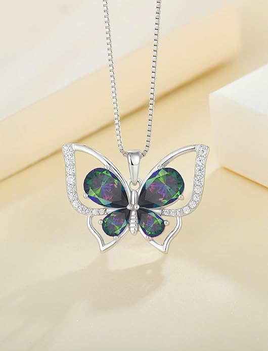 YL Women's Butterfly Necklace 925 Sterling Silver Flower Rose Pendant Birthstone Halo Jewelry