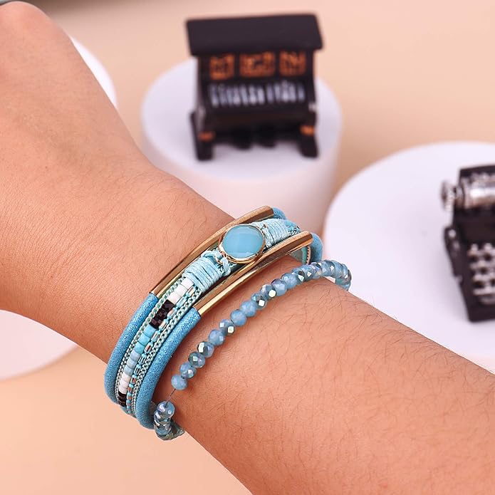 FANCY SHINY Leather Wrap Bracelets Crystal Beads Bracelet Boho Cuff Stone Charm Bracelets with Clasp Costume Jewelry for Women