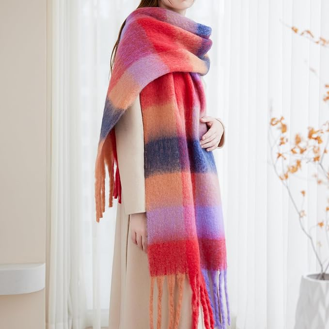 SHOHOKU Large Chunky Plaid Scarf Coloured Checked Oversized Scarf Tassel Soft Fall Winter Thick Warm Shawl Women