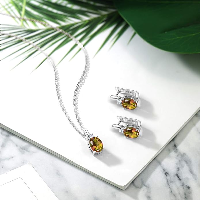 Gemstone Birthstone and White Created Sapphire Pendant and Earrings Jewelry Set for Women in 925 Sterling Silver | Oval 8X6MM and Round 2.5MM | With 18 Inch Chain | Fine Jewelry for Her Mom Women Wife