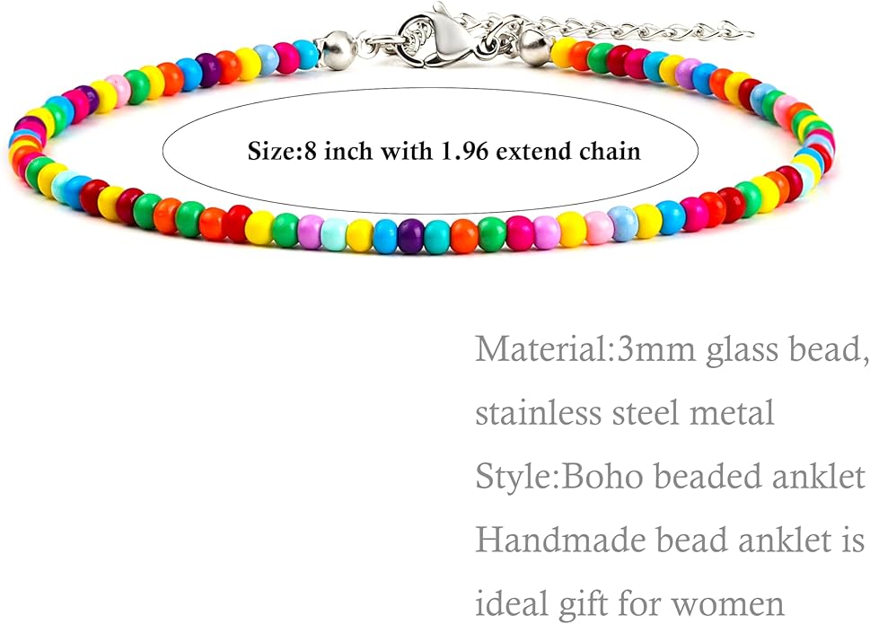 XIJIN 8Pcs Handmade Beaded Anklets for Women Boho Colorful Beads Ankle Bracelets Adjustable Foot Anklet Set