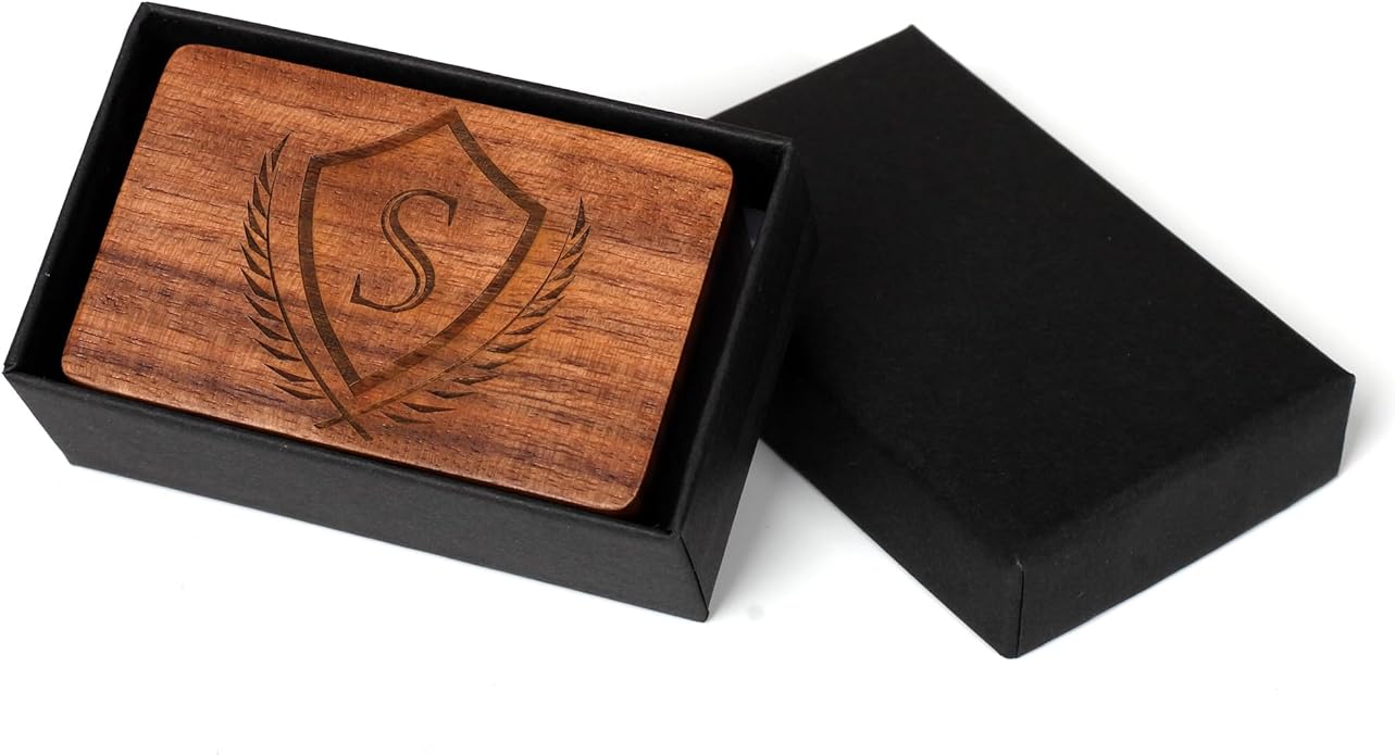 Mens Initial Cufflinks and Tie Clip A-Z Alphabet Letter Black Stainless Cuff Links Tie Bar with Engraved Walnut Wood Box Groom Groomsman Wedding Set