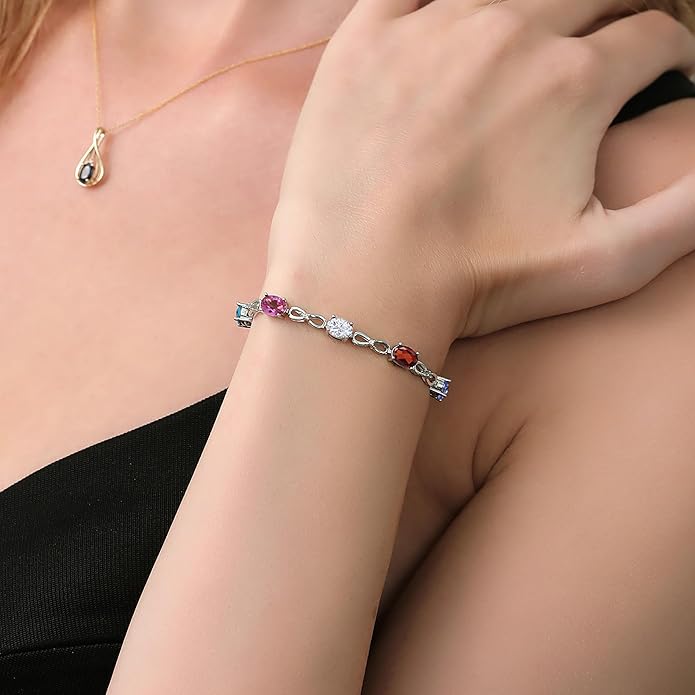 Gem Stone King Customized and Personalized 5 Oval Gemstone Birthstone and White Lab Grown Diamond Tennis Bracelet For Women | 925 Sterling Silver | Adjustable Bolo Bracelet For Women