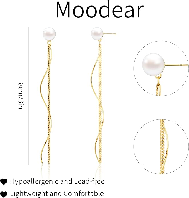 Moodear Dangle Earrings 14K Gold Plated Chain Earrings for Women Trendy Dainty Hypoallergenic Long Chain Drop Tassel CZ/Pearl Earrings Wedding Jewelry Gift