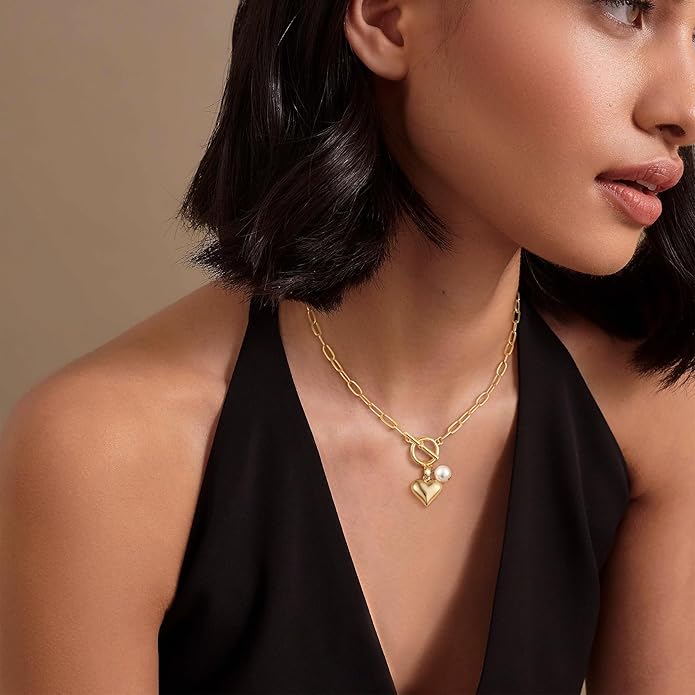 Tewiky Cute Heart Necklace Tiny 14k Gold Heart Pendant Choker Necklaces Small Gold Love Open Heart Chain Necklace for Women Dainty Gold Necklace Gifts for Her