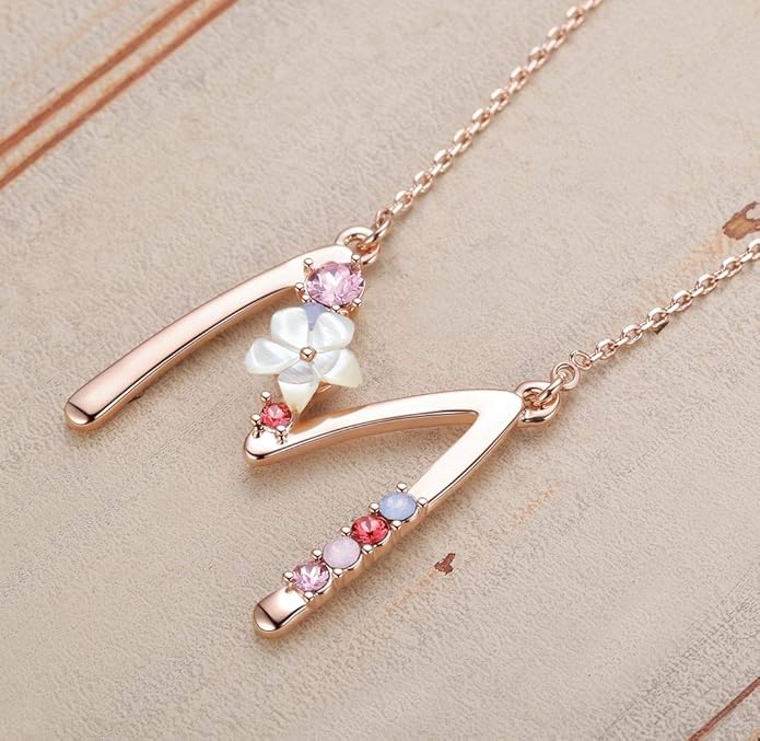 Flower Initial Letter Necklace Pink Red Blue Simulated Pearl Pendant Name Jewelry Made with Austrian Crystals Rose Gold Plated Anniversary Birthday Gifts for Women,18"+2"