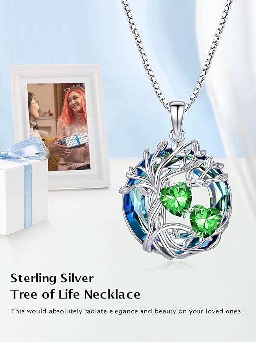 TOUPOP s925 Sterling Silver Family Celtic Tree of Life Pendant Necklaces with 2 Heart Birthstone with Blue Austrian Crystal Jewelry Birthday Anniversary Christmas Gifts for Her Wife Girlfriend Mom (18K Real White Gold Filled)