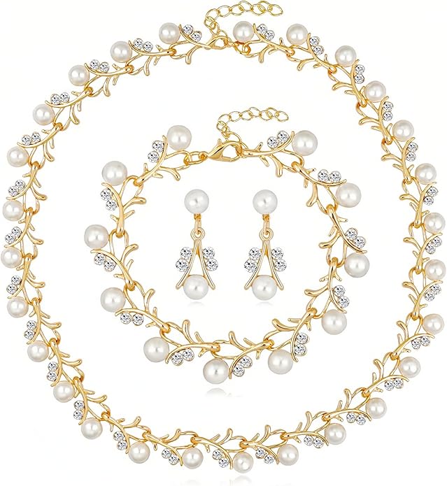 la luen Pearl Bride Wedding Jewelry Set Faux Pearls Crystal Rhinestone Necklace Earrings Bracelet Sets for Women Bridesmaid(3 PCS)