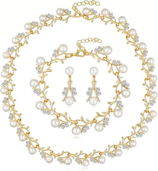 la luen Pearl Bride Wedding Jewelry Set Faux Pearls Crystal Rhinestone Necklace Earrings Bracelet Sets for Women Bridesmaid(3 PCS)