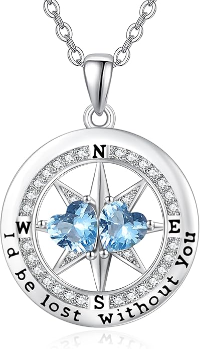 Compass Birthstones Necklace for Women, Exquisite Anniversary Birthday Gifts for Wife Her Double Birthstone Pendant jewelry ‘I'd be Lost Without You’