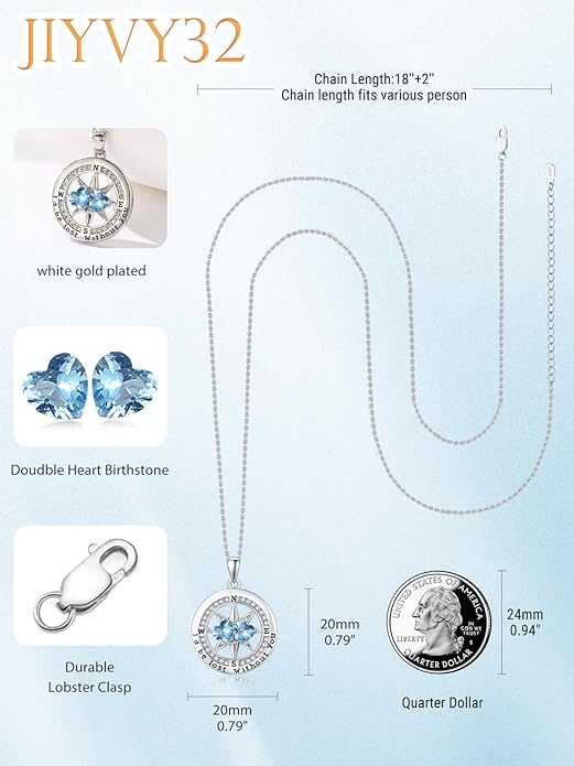 Compass Birthstones Necklace for Women, Exquisite Anniversary Birthday Gifts for Wife Her Double Birthstone Pendant jewelry ‘I'd be Lost Without You’