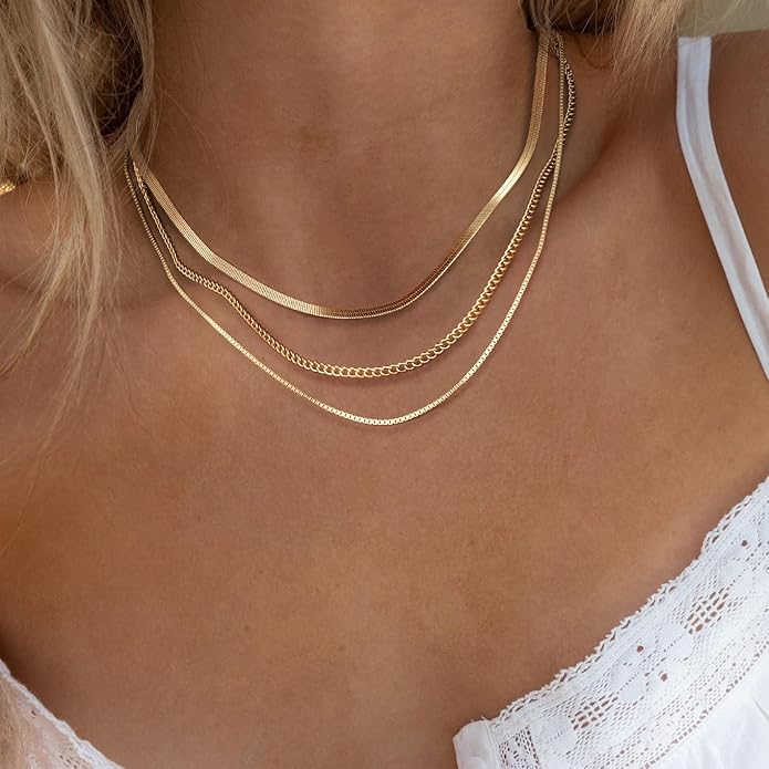 Freekiss Herringbone Necklace for Women,Dainty Gold Necklace,14k Gold Plated Snake,Gold Chain Choker Necklaces,Simple Gold Layered Necklaces,Gold Jewelry Gift for Women