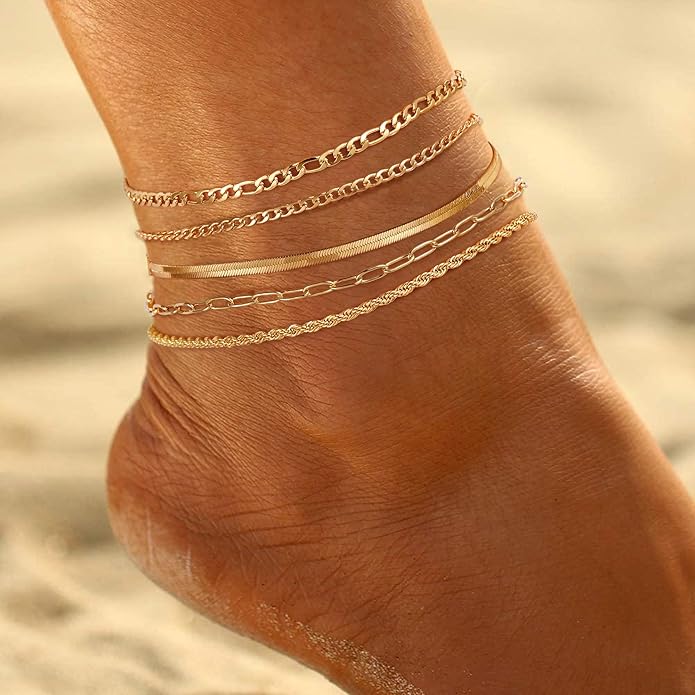 Ritach Ankle Bracelets for Women - Silver/Gold Plated Stainless Steel Anklets for Women Waterproof Layered Cuban Link Figaro Chain Heart Anklets Set Summer Beach Jewelry Gifts