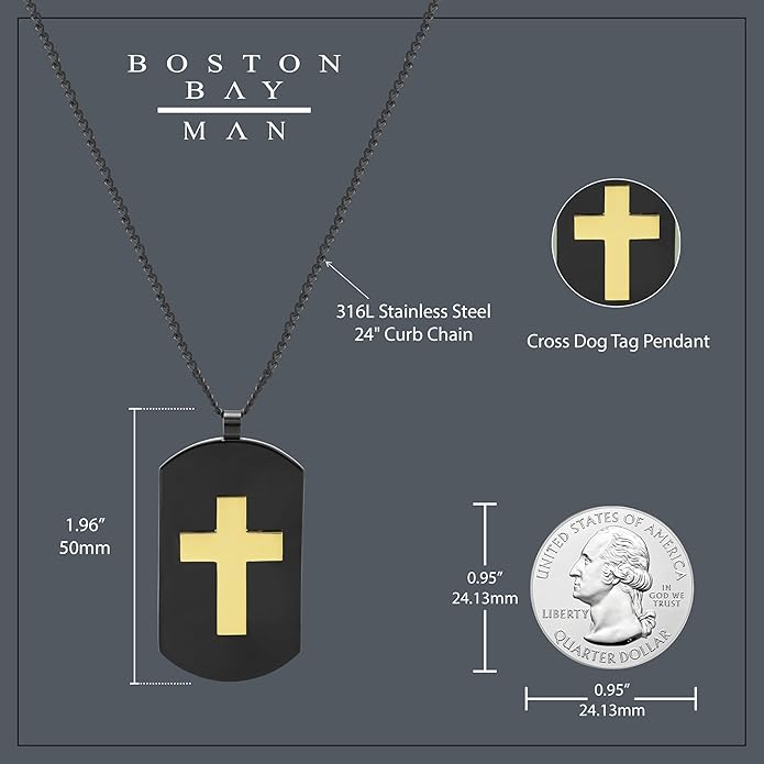 Boston Bay Men’s Black Dog Tag Necklace, 316L Stainless Steel Pendant with 24 Inch Fine Cuban Curb Link Chain