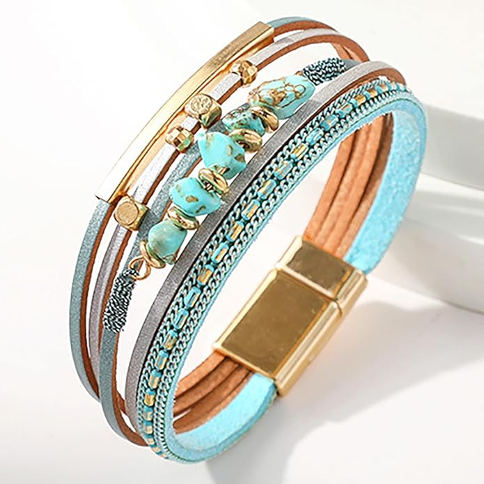 Fesciory Leather Wrap Bracelets for Women, Boho Leopard Multi-Layer Crystal Beads Cuff Bracelet Jewelry