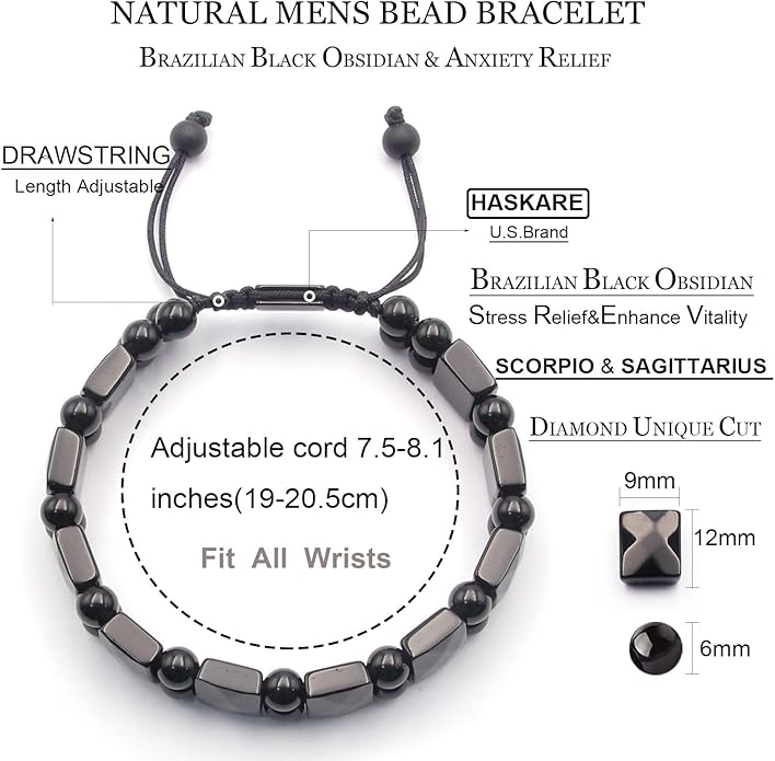 HASKARE Protection Healing Stone Bracelets for Men Unique Natural Crystal Black Obsidian Mens Bracelets, Masculine Energy Protection Men Beads Bracelet for Anxiety, Handmade Gifts for Husband Father