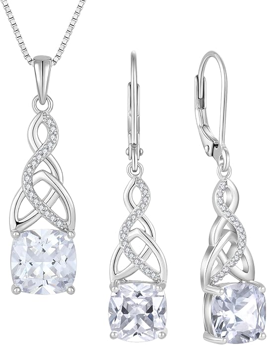 Infinity Irish Celtic Knot Jewelry Set for Women Princess Cut Necklace & Earrings April Birthstone Jewelry Gifts