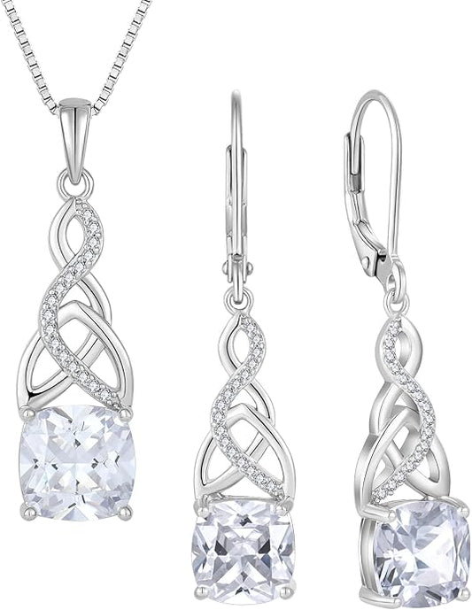 Infinity Irish Celtic Knot Jewelry Set for Women Princess Cut Necklace & Earrings April Birthstone Jewelry Gifts