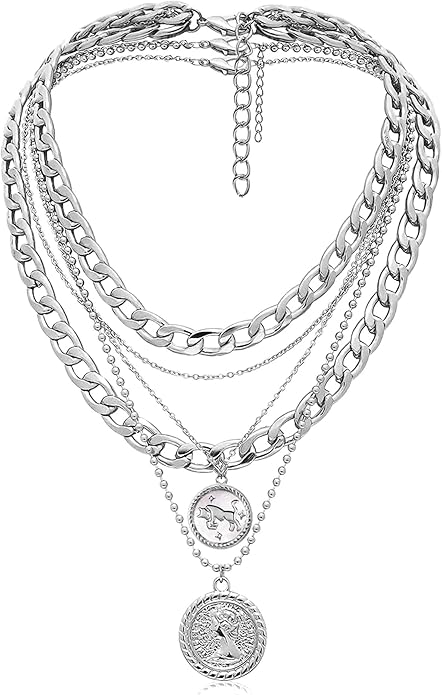 MJartoria Layered Necklaces for Women Trendy Retro Coin Pendant Necklace Dainty Chunky Chain Choker Necklaces for Jewelry Birthday Gifts