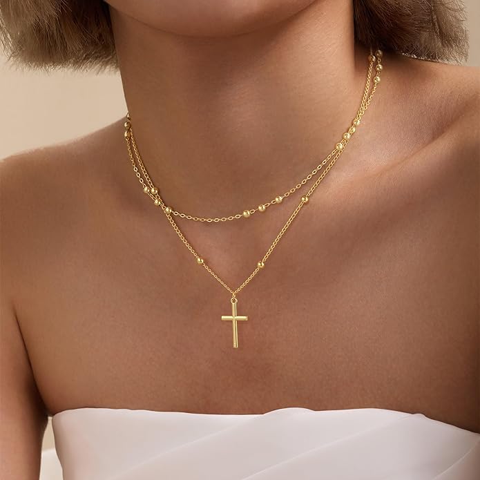 Cross Necklace for Women Dainty 14K Real Silver Gold Plated Layered Cross Pendant Necklace Stack Simple Trendy Cute Charm Choker Necklaces Jewelry Gift for Women Teen Her