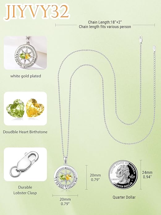 JIYVY32 Compass Birthstones Necklace for Women, Exquisite S925 Necklace Anniversary Birthday Gifts for Wife Her Double Birthstone Pendant jewelry ‘I'd be Lost Without You’