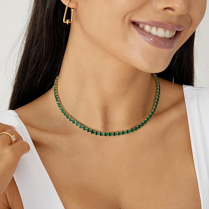 KissYan Diamond Tennis Necklace for Women, 14K/White Gold Plated Cubic Zirconia Baguette Tennis Chain Chunky Paperclip Link Cuban Choker Necklace Dainty Jewelry Gifts