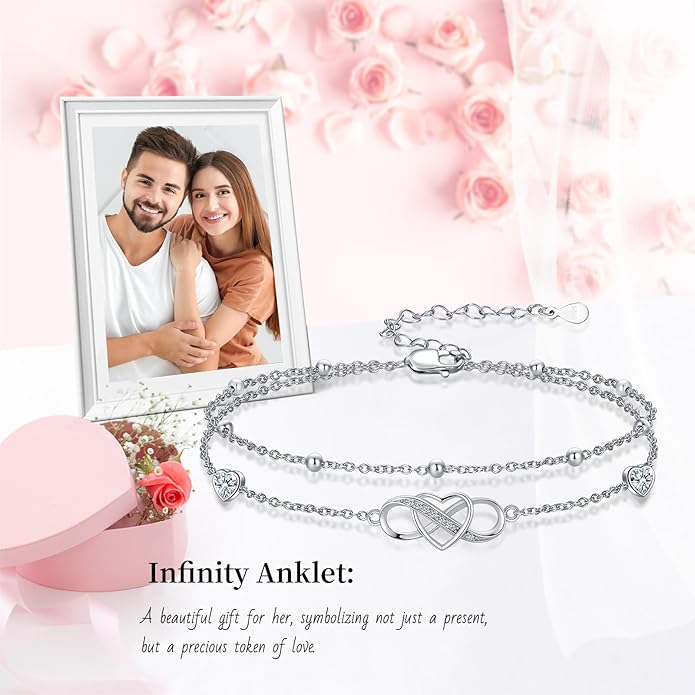 Anklet for Women 925 Sterling Silver Double Infinity Ankle Bracelet Waterproof Summer Jewelry Anniversary Birthday Gifts for Her