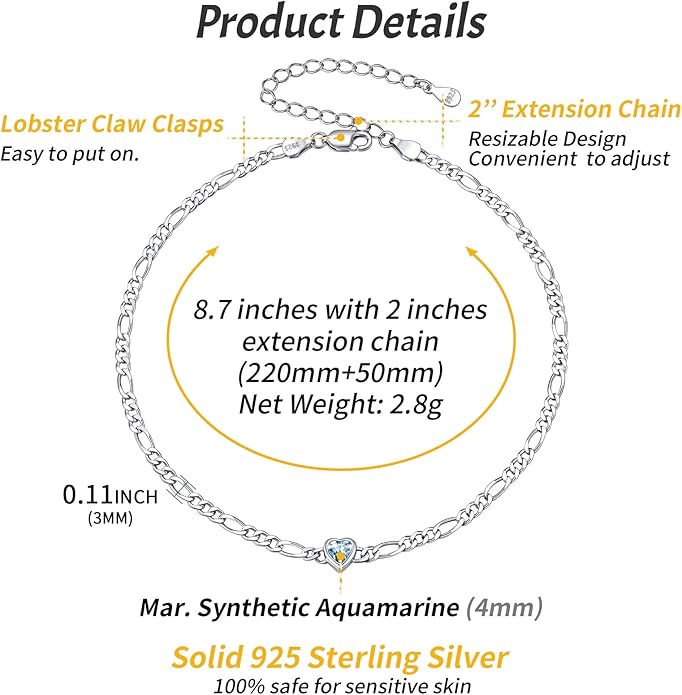ChicSilver Sterling Silver Anklets Bracelets for Women, Figaro Chain Heart/Round Birthstone Anklet for Women Waterproof, Dainty Herringbone Ankle Bracelet Summer Beach jewelry