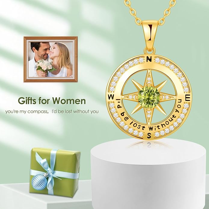 Zifeel Compass Necklace Gifts for Women wife - S925 Sterling Silver Birthstone Necklaces for Women - Anniversary Birthday Gifts for Her Wife Girlfriend - Valentines Mom Mothers Day Christmas Gifts Jewelry for Women