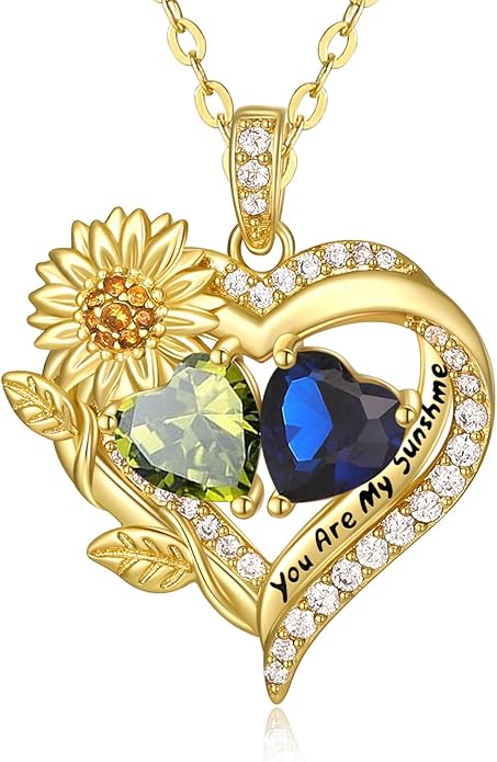 Sunflower Heart Necklace for Women 14K Gold Exquisite Anniversary Birthday Gifts for Wife Mother Her Double Birthstone Pendant jewelry‘You Are My Sunshine’