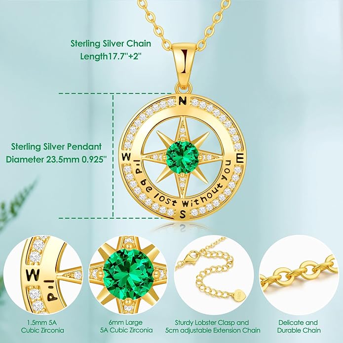 Zifeel Compass Necklace Gifts for Women wife - S925 Sterling Silver Birthstone Necklaces for Women - Anniversary Birthday Gifts for Her Wife Girlfriend - Valentines Mom Mothers Day Christmas Gifts Jewelry for Women