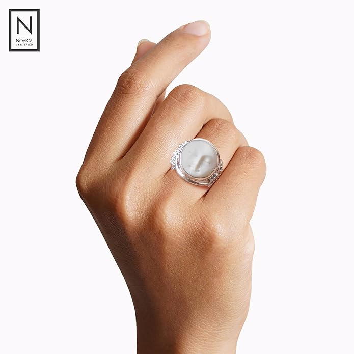 NOVICA Artisan Handmade Bone Ring Crafted .925 Sterling Silver Cocktail Indonesia 'Face of The Moon'